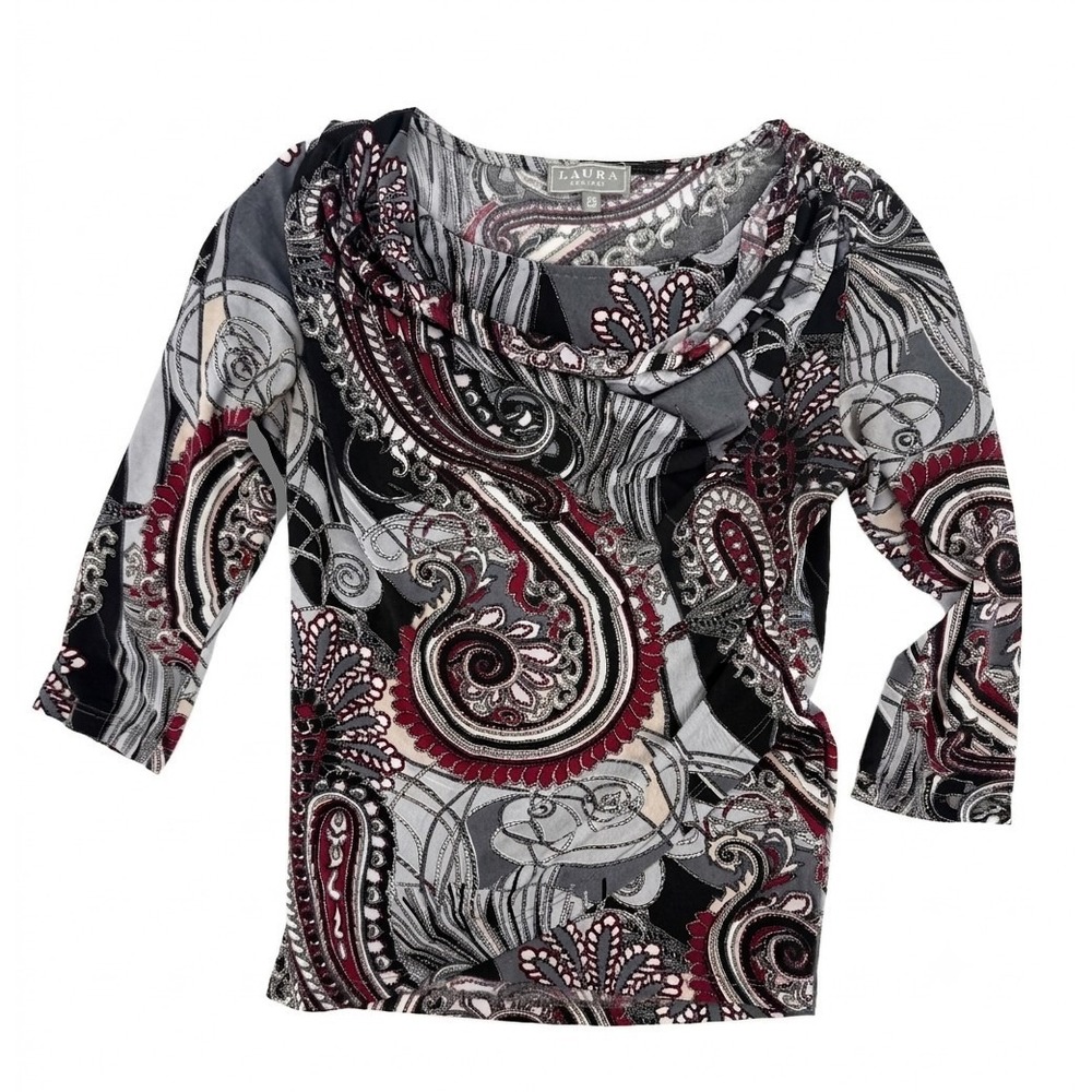 Laura Petites Grey Red Paisley 3/4 Sleeve Top Size TP XS Y2K Retro Blouse